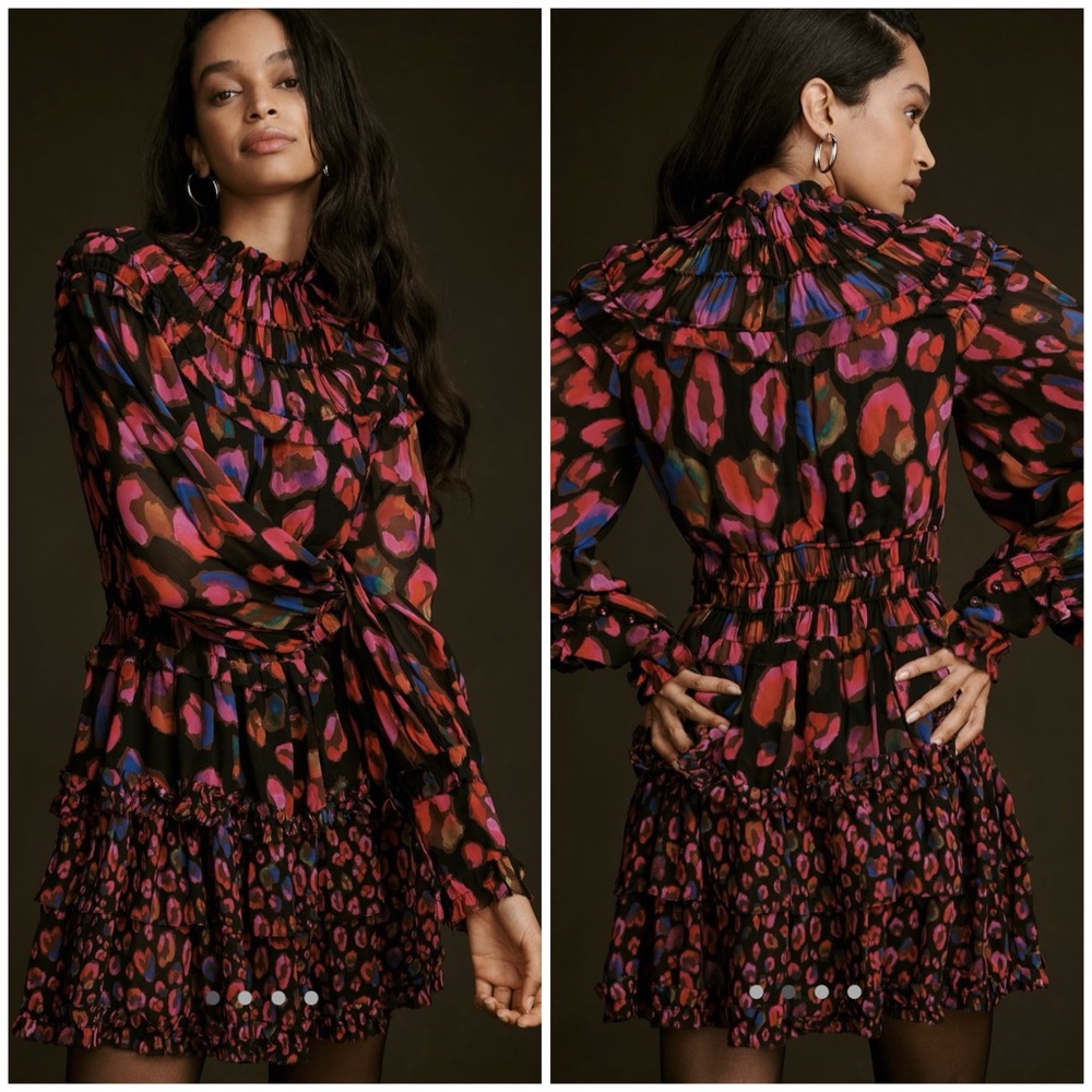 Farm Rio Iridescent Leopard Mini Dress Long Sleeve Black Colorful EUC Sz XS